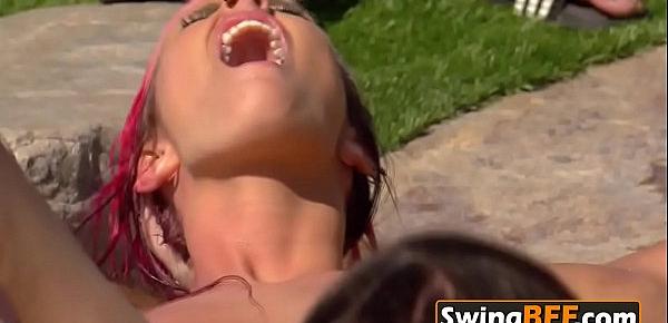  Outdoors oral sex and intimate kissing. Orgy at the pool in open swinger